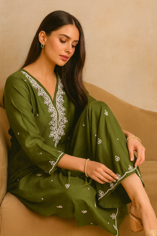 Elegant Green Cord Set with Moti Work & Plazo Pants | Festive & Casual Ethnic Wear for Women