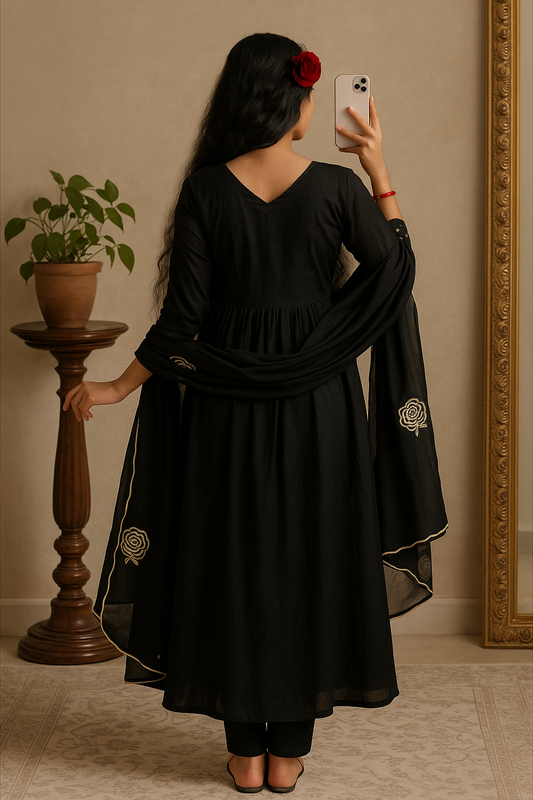 Black Georgette Kurti with Golden Floral Embroidery – Festive & Party Wear