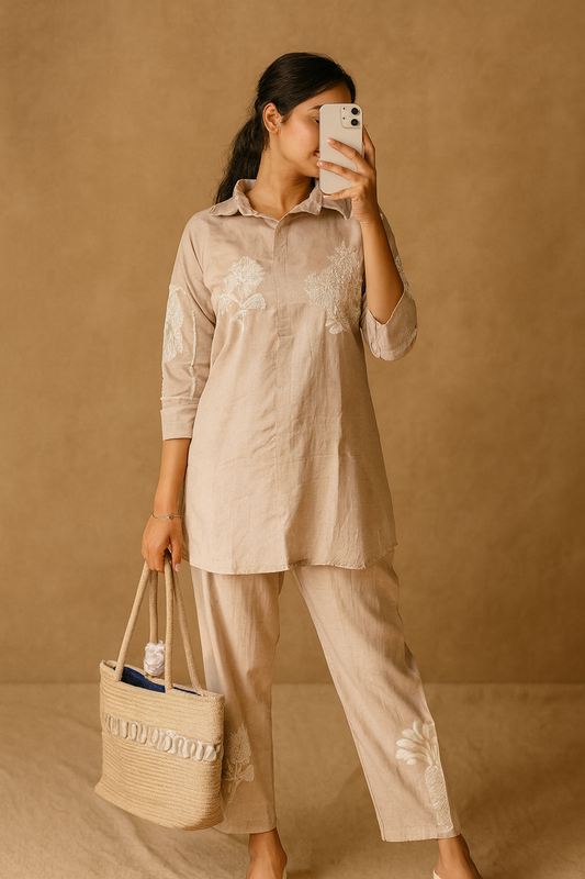 Beige Cotton Co-Ord Set with White Thread Embroidery – Elegant Daily Wear for Women