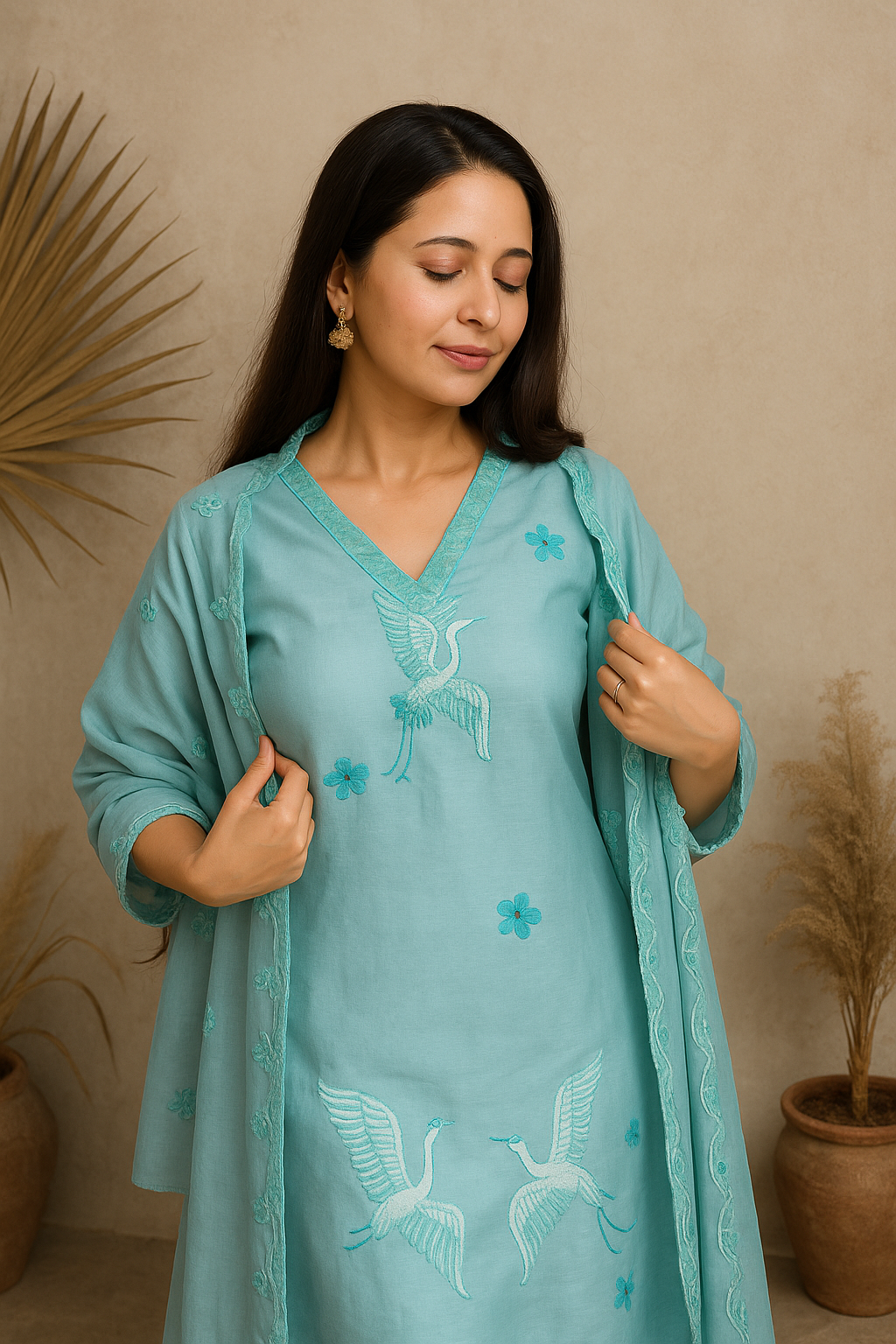 Blue Linen Cotton 3-Piece Kurta Set with Dupatta | Summer Ethnic Wear for Women