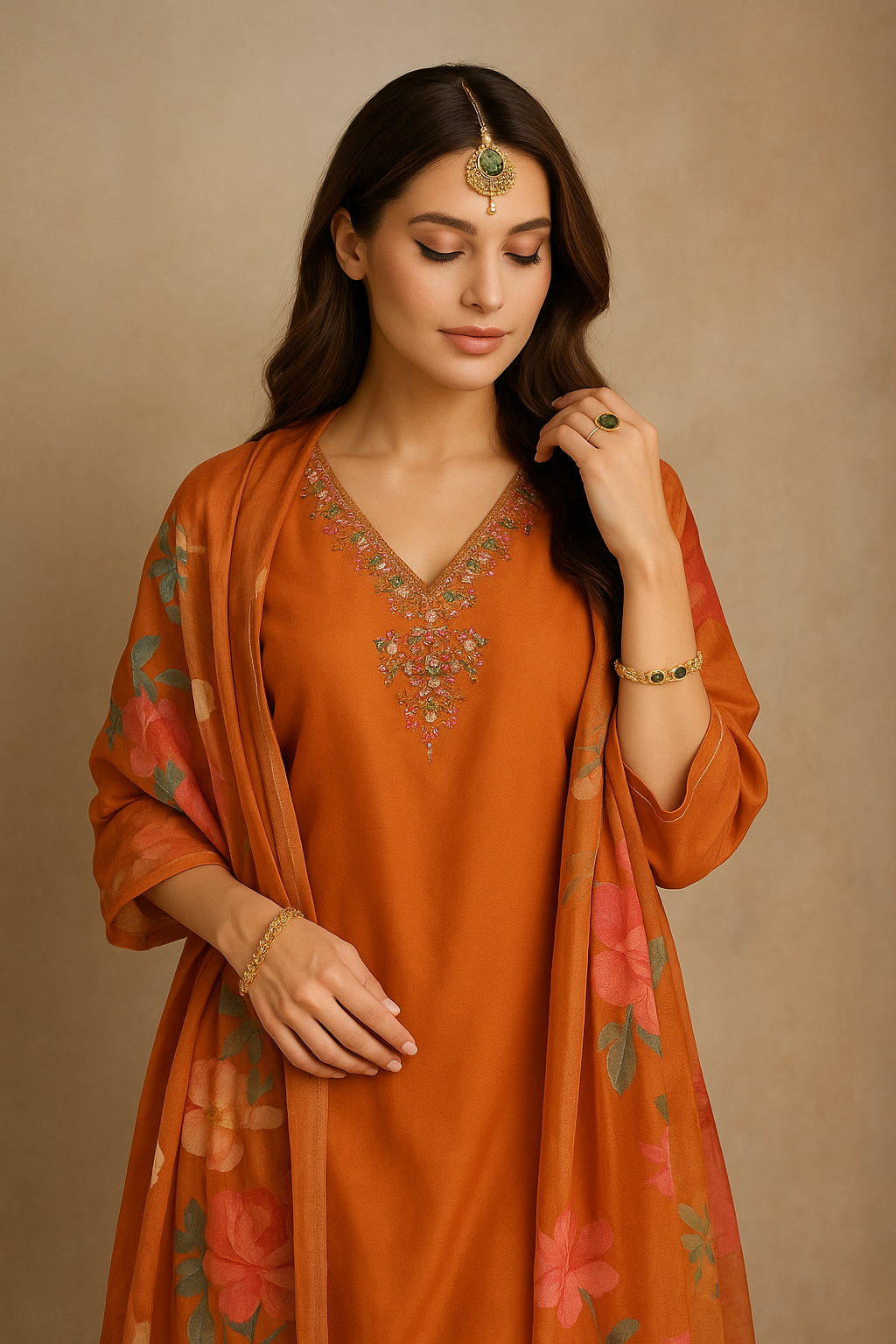 Rust Orange Shimmer Fabric 3-Piece Kurta Set with Embroidered Neckline & Printed Dupatta | Festive Ethnic Wear for Women