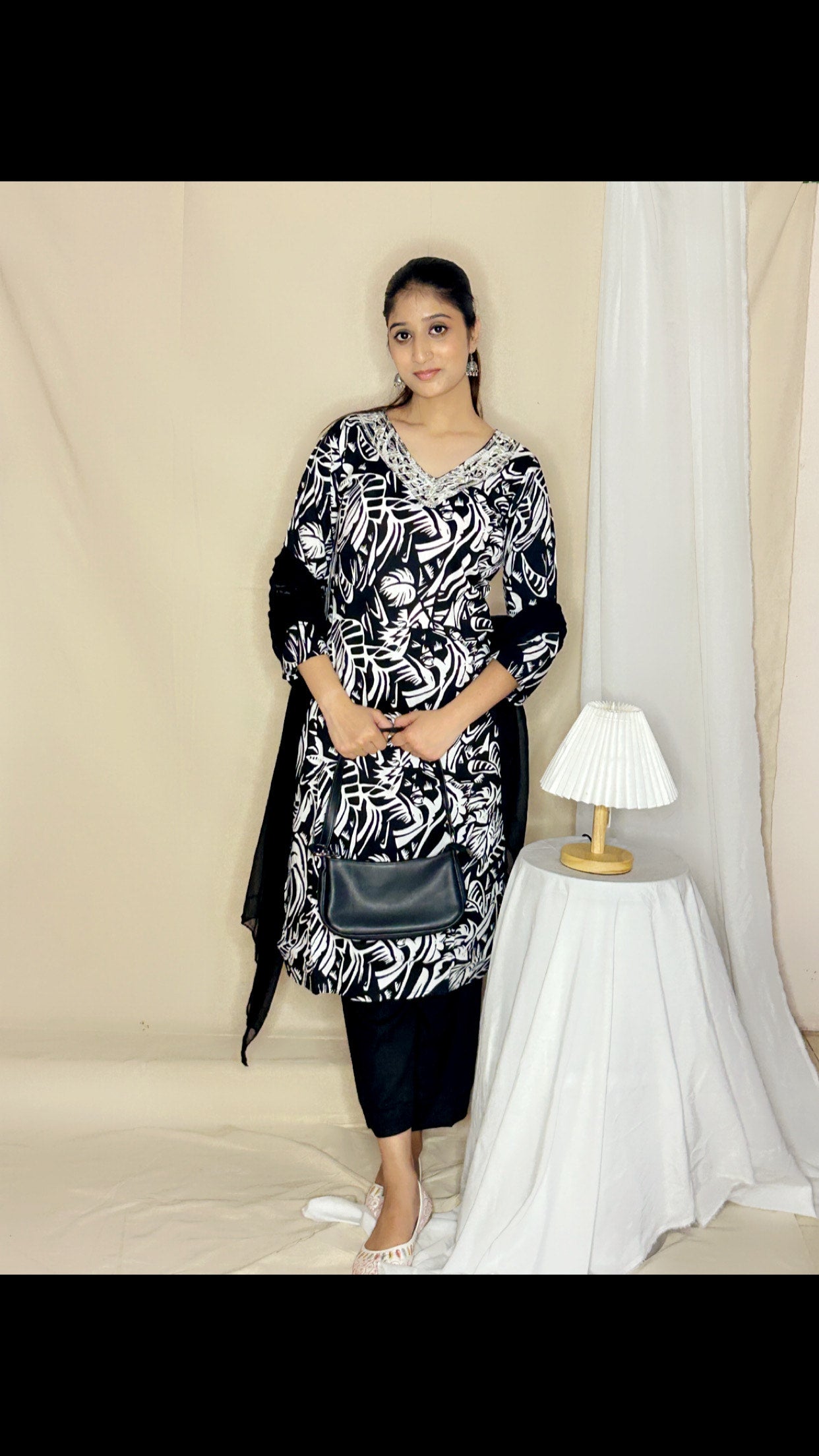 Black V-Neck Printed Kurta Set with Georgette Dupatta – Elegant 3-Piece Suit for Women by APSSARA