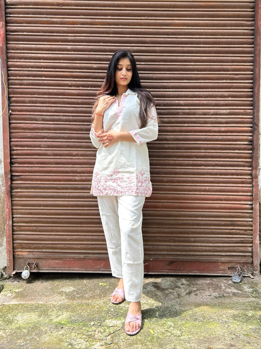 White Cotton Co-ord Set with Pink Thread Embroidery & Shirt Collar