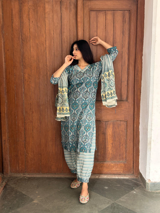 Cotton Printed Kurta Set with Afghani Pants & Dupatta – Comfortable 3-Piece Ethnic Wear for Women | APSSARA