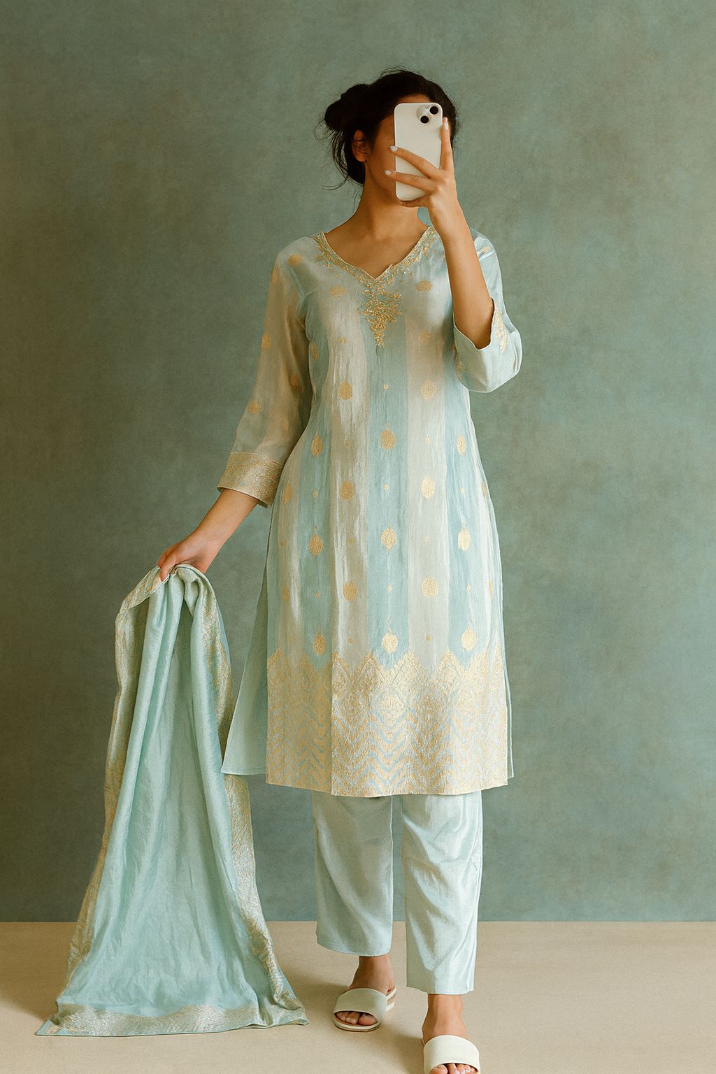Pure Banarasi Silk Pastel Blue Kurta Set – 3 Piece Party Wear Suit with Dupatta