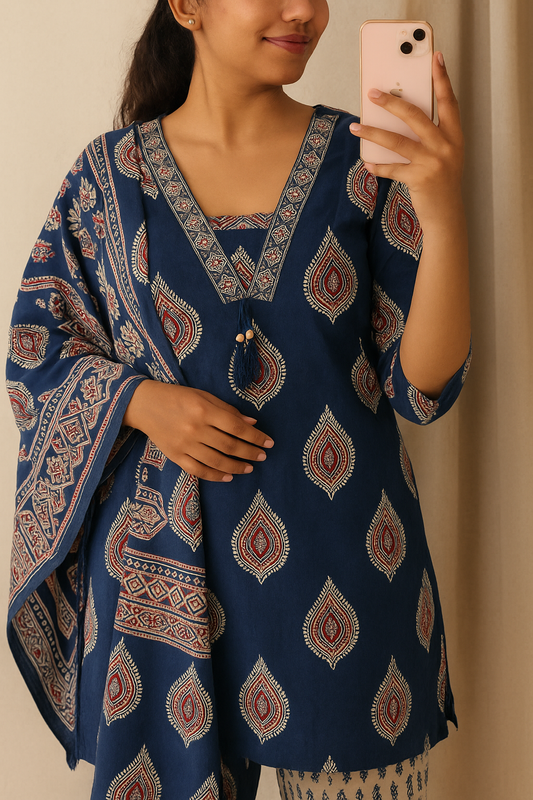 Block Printed Cotton 3 Piece Suit | Ethnic Wear for Women