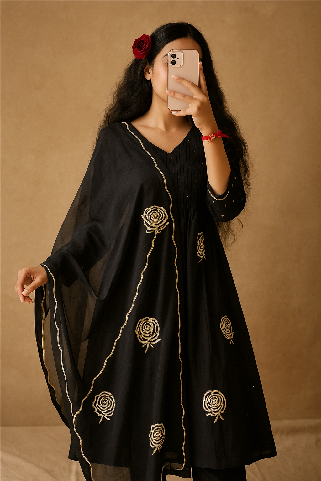 Black Georgette Kurti with Golden Floral Embroidery – Festive & Party Wear