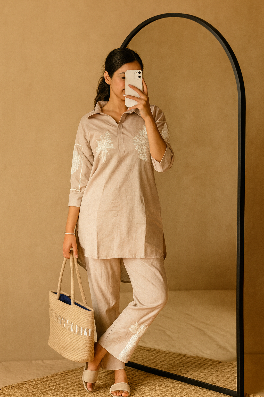 Beige Cotton Co-Ord Set with White Thread Embroidery – Elegant Daily Wear for Women