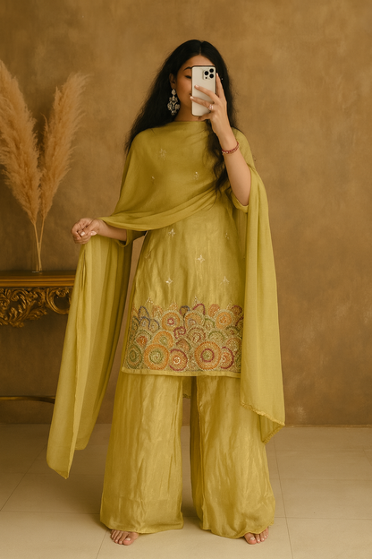 Designer Heavy Sharara Set for Women – Embroidered Kurta, Palazzo & Dupatta