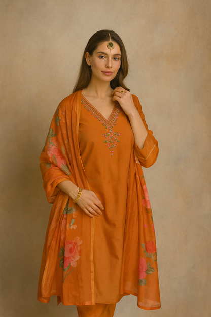 Rust Orange Shimmer Fabric 3-Piece Kurta Set with Embroidered Neckline & Printed Dupatta | Festive Ethnic Wear for Women