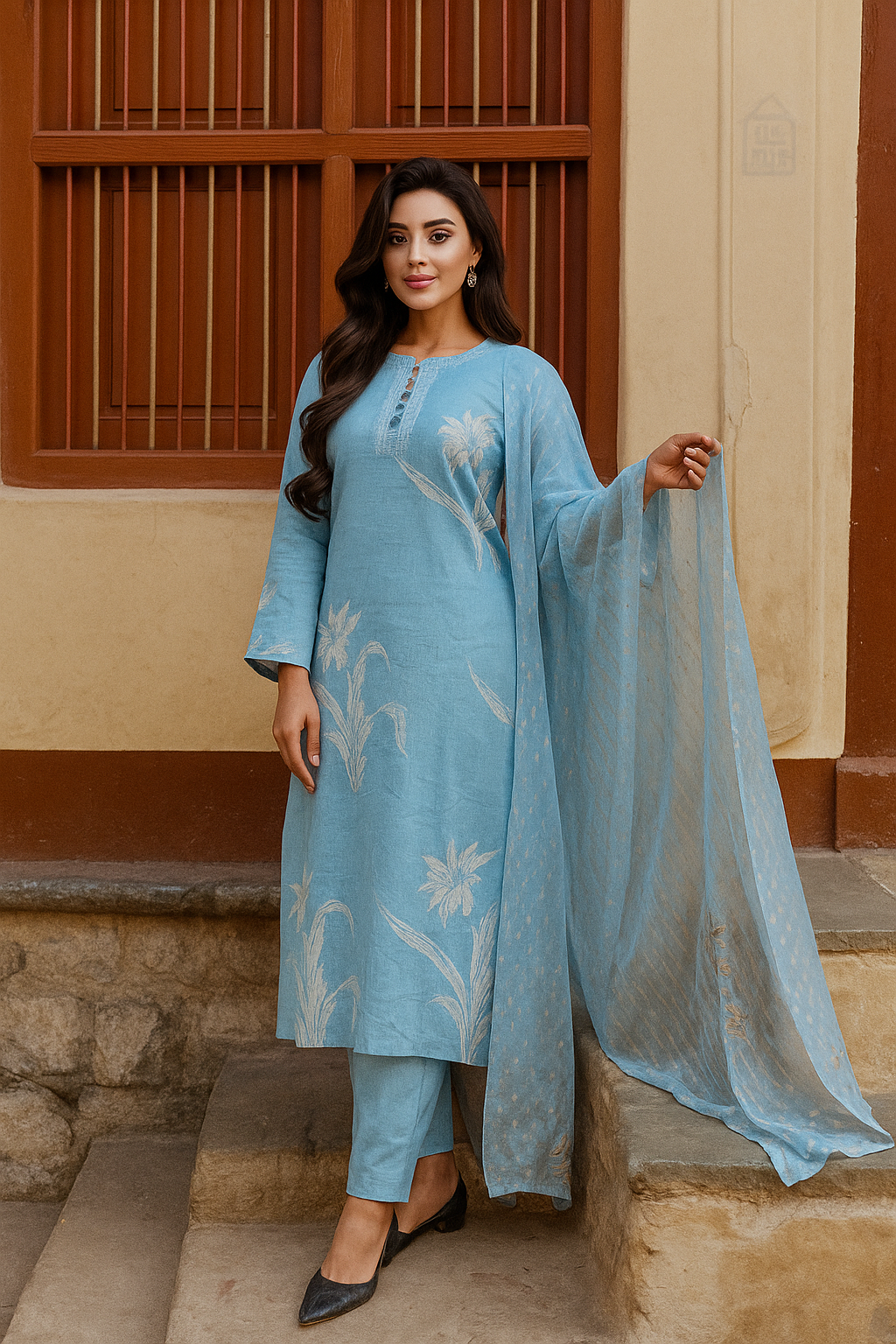 Women's Summer Special Sky Blue Cotton Kurta Set with Dupatta