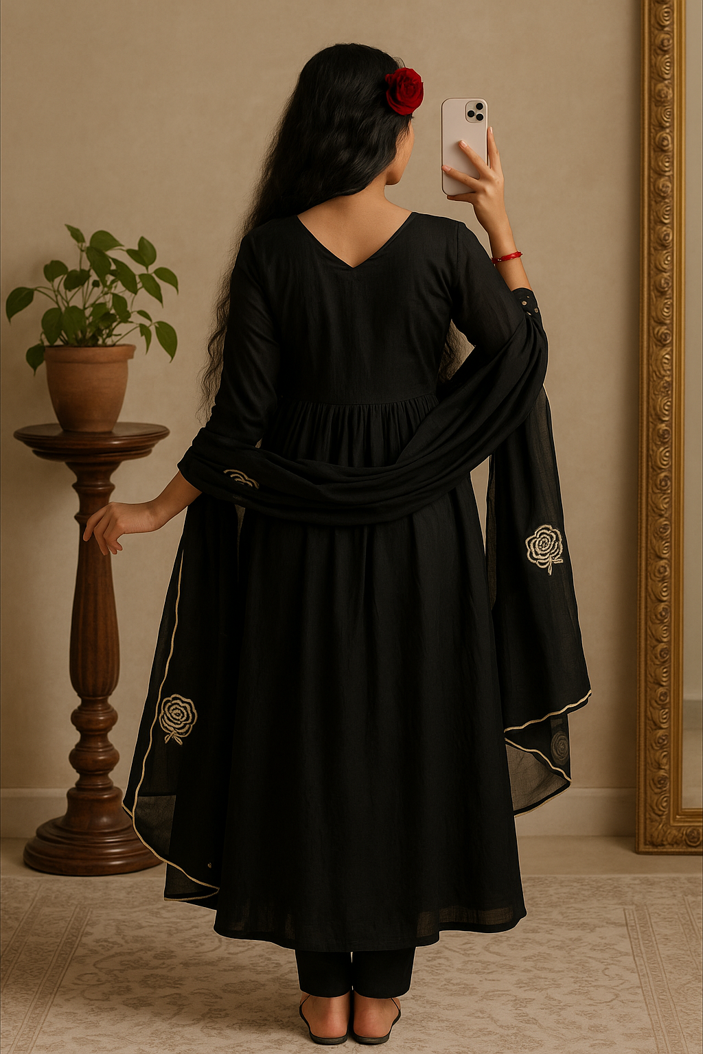 Black Georgette Kurti with Golden Floral Embroidery – Festive & Party Wear