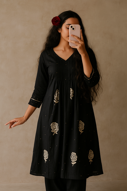 Black Georgette Kurti with Golden Floral Embroidery – Festive & Party Wear