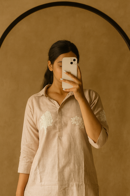 Beige Cotton Co-Ord Set with White Thread Embroidery – Elegant Daily Wear for Women