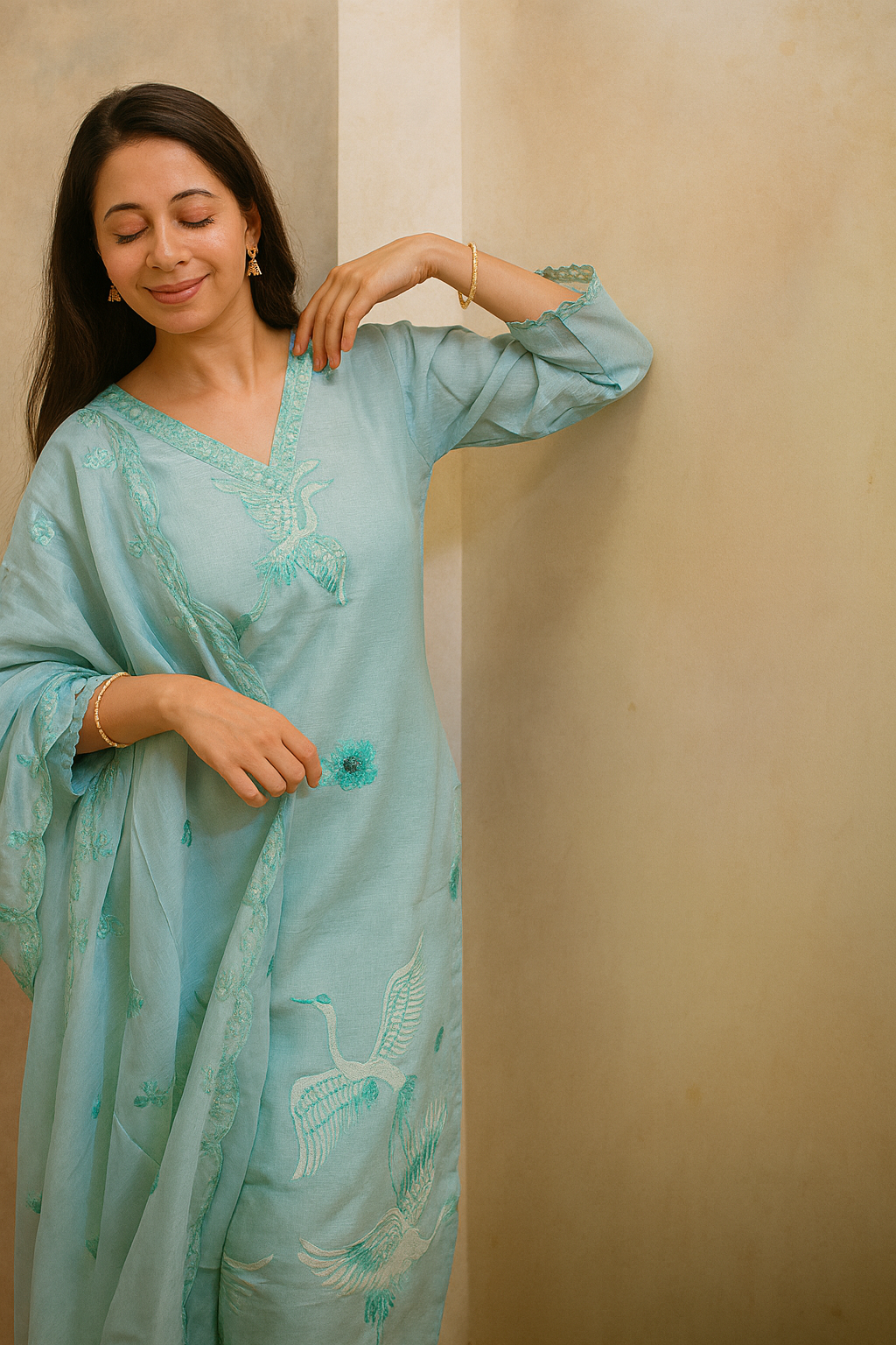 Blue Linen Cotton 3-Piece Kurta Set with Dupatta | Summer Ethnic Wear for Women