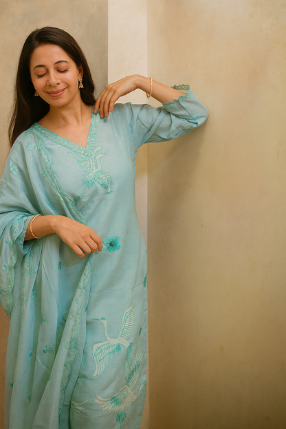 Blue Linen Cotton 3-Piece Kurta Set with Dupatta | Summer Ethnic Wear for Women