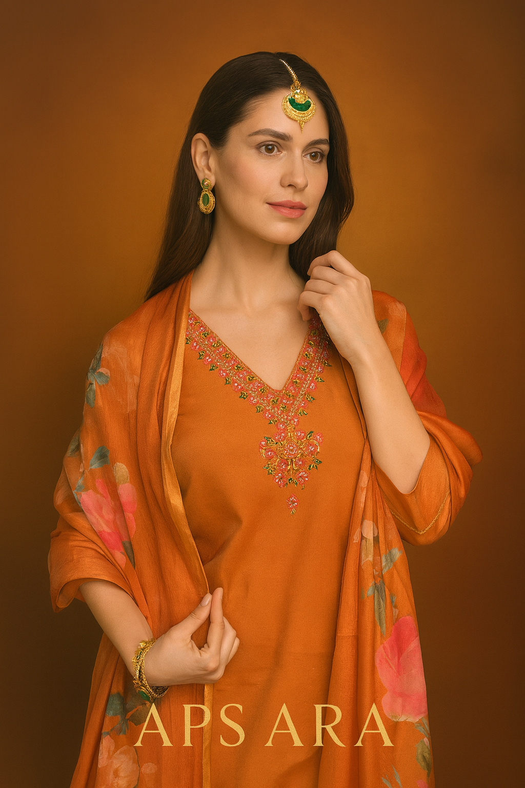 Rust Orange Shimmer Fabric 3-Piece Kurta Set with Embroidered Neckline & Printed Dupatta | Festive Ethnic Wear for Women
