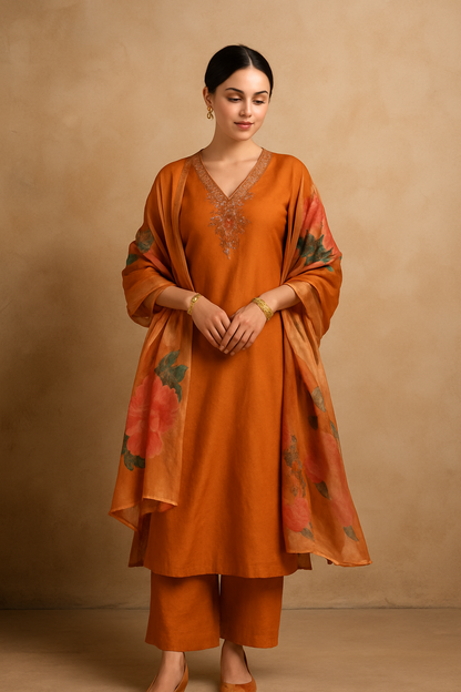 Rust Orange Shimmer Fabric 3-Piece Kurta Set with Embroidered Neckline & Printed Dupatta | Festive Ethnic Wear for Women