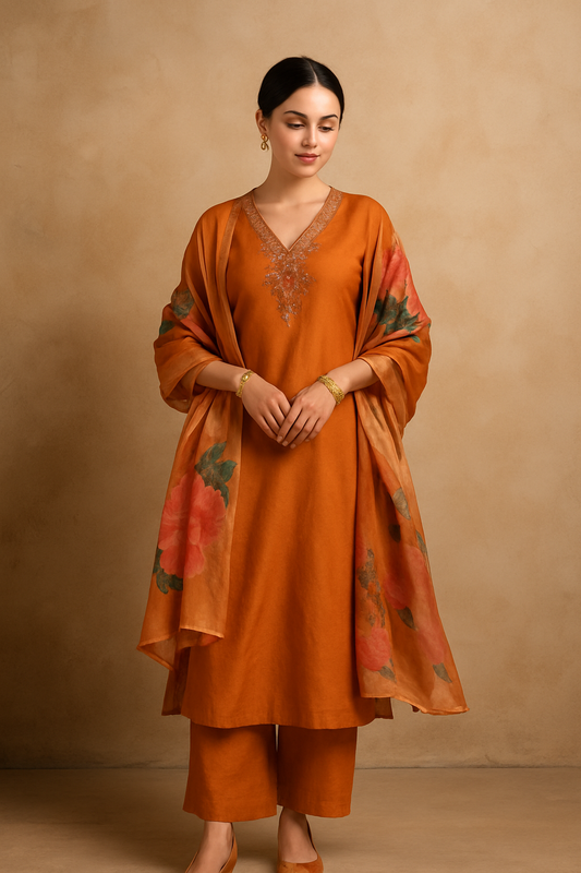 Rust Orange Shimmer Fabric 3-Piece Kurta Set with Embroidered Neckline & Printed Dupatta | Festive Ethnic Wear for Women