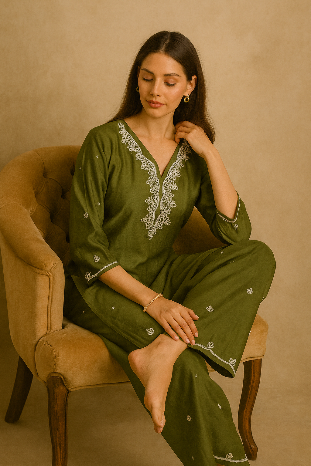 Elegant Green Cord Set with Moti Work & Plazo Pants | Festive & Casual Ethnic Wear for Women