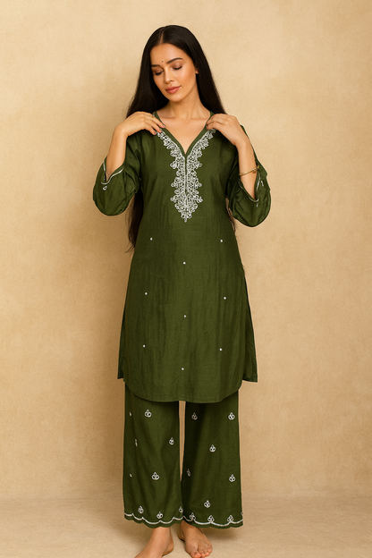 Elegant Green Cord Set with Moti Work & Plazo Pants | Festive & Casual Ethnic Wear for Women
