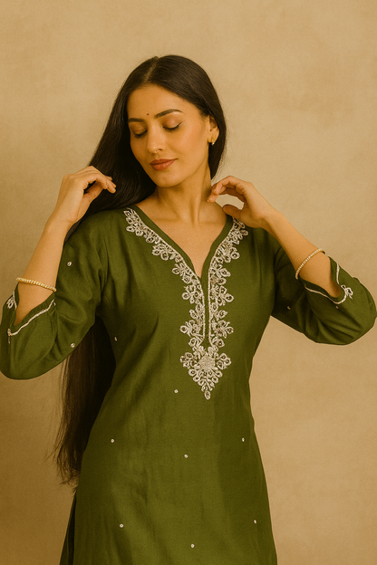 Elegant Green Cord Set with Moti Work & Plazo Pants | Festive & Casual Ethnic Wear for Women