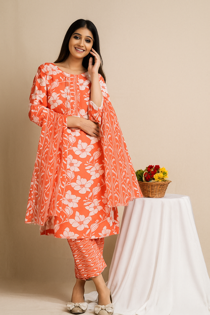 Orange Floral Cotton Kurta Set with Printed Pant & Dupatta – Summer 3-Piece Ethnic Set by APSSARA
