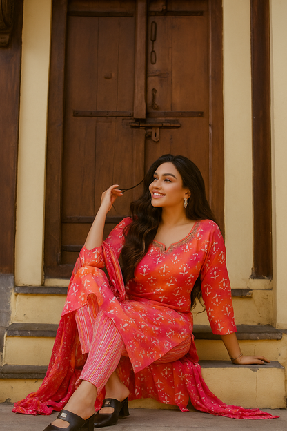 Green Handcrafted Bandhani Print Cotton Kurta Set with Dupatta – Ethnic Elegance by APSSARA