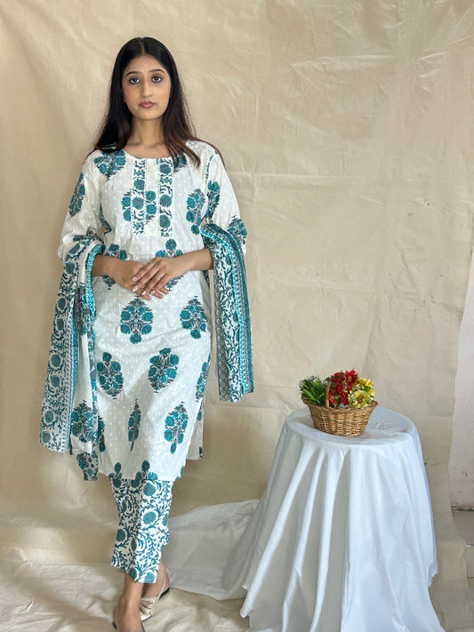 Handblock Printed Cotton Kurta Set with Pant and Dupatta – Breathable 3-Piece Daily Wear by APSSARA