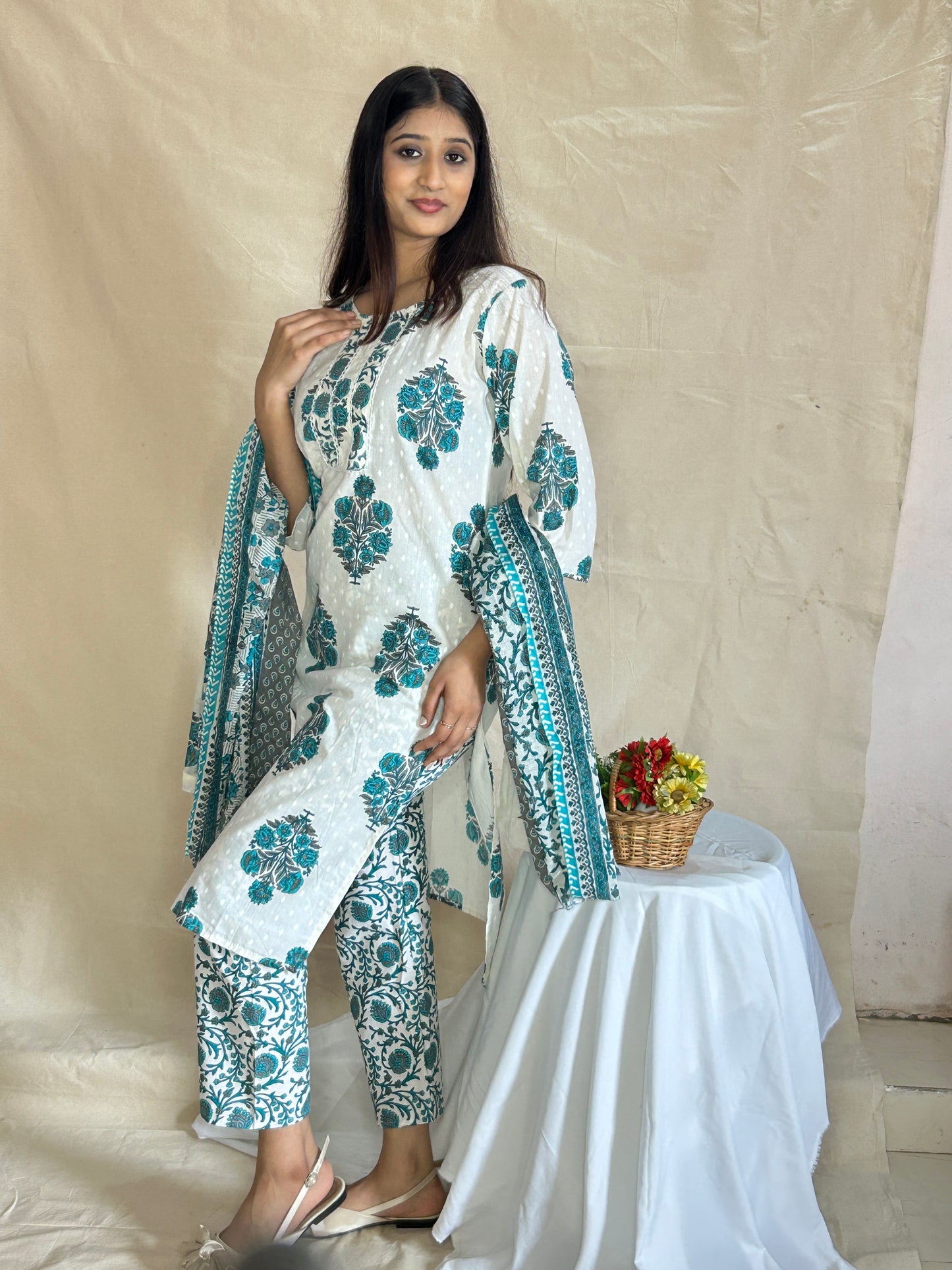 Handblock Printed Cotton Kurta Set with Pant and Dupatta – Breathable 3-Piece Daily Wear by APSSARA