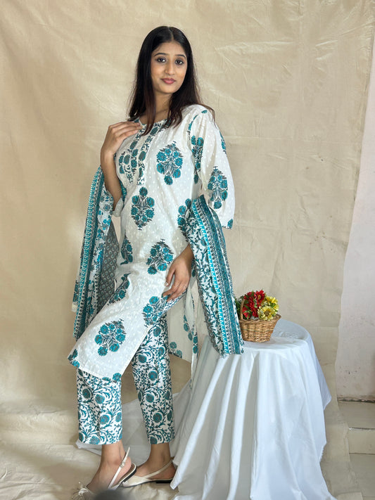 Handblock Printed Cotton Kurta Set with Pant and Dupatta – Breathable 3-Piece Daily Wear by APSSARA