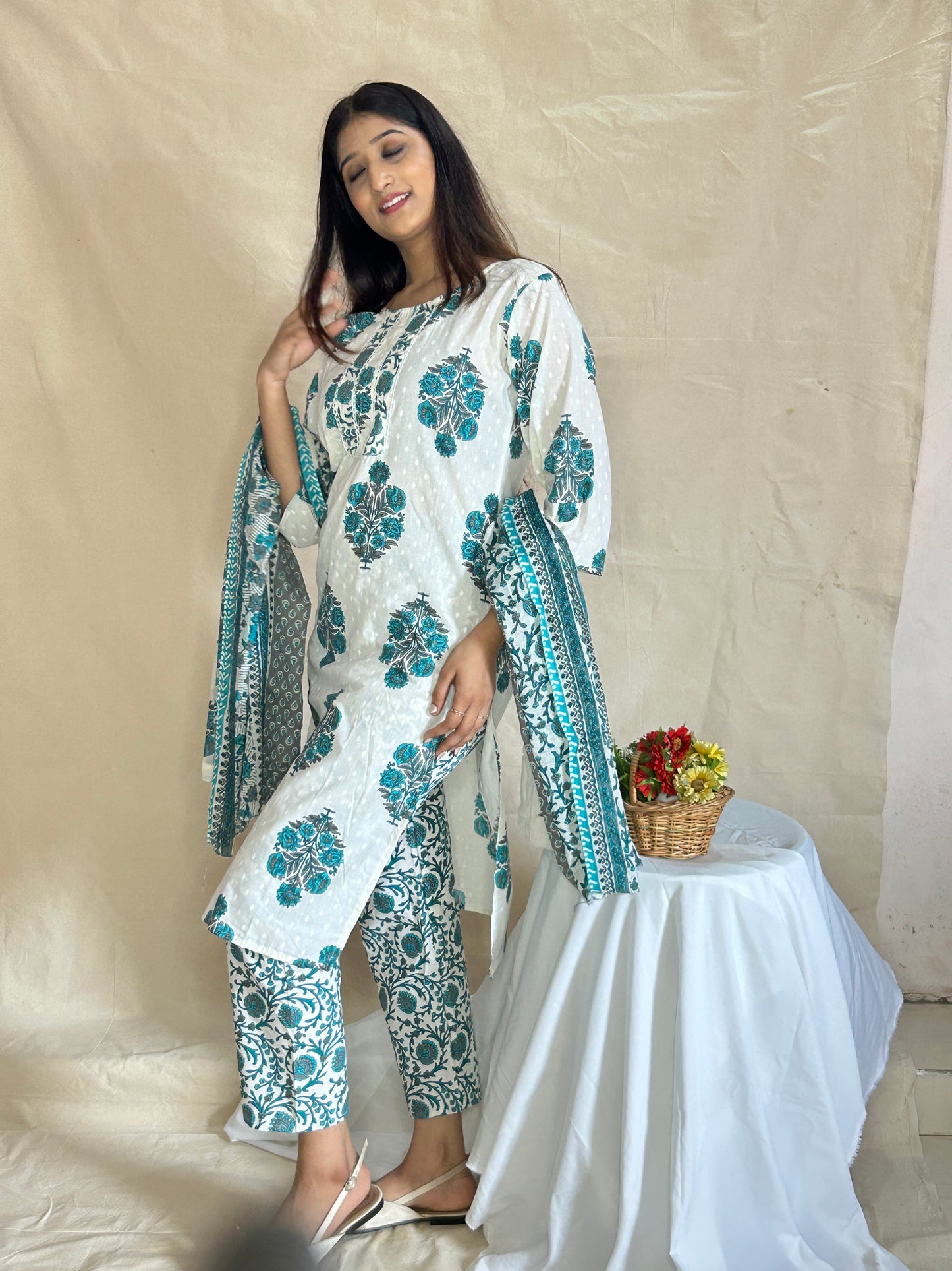 Handblock Printed Cotton Kurta Set with Pant and Dupatta – Breathable 3-Piece Daily Wear by APSSARA