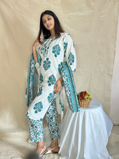 Handblock Printed Cotton Kurta Set with Pant and Dupatta – Breathable 3-Piece Daily Wear by APSSARA