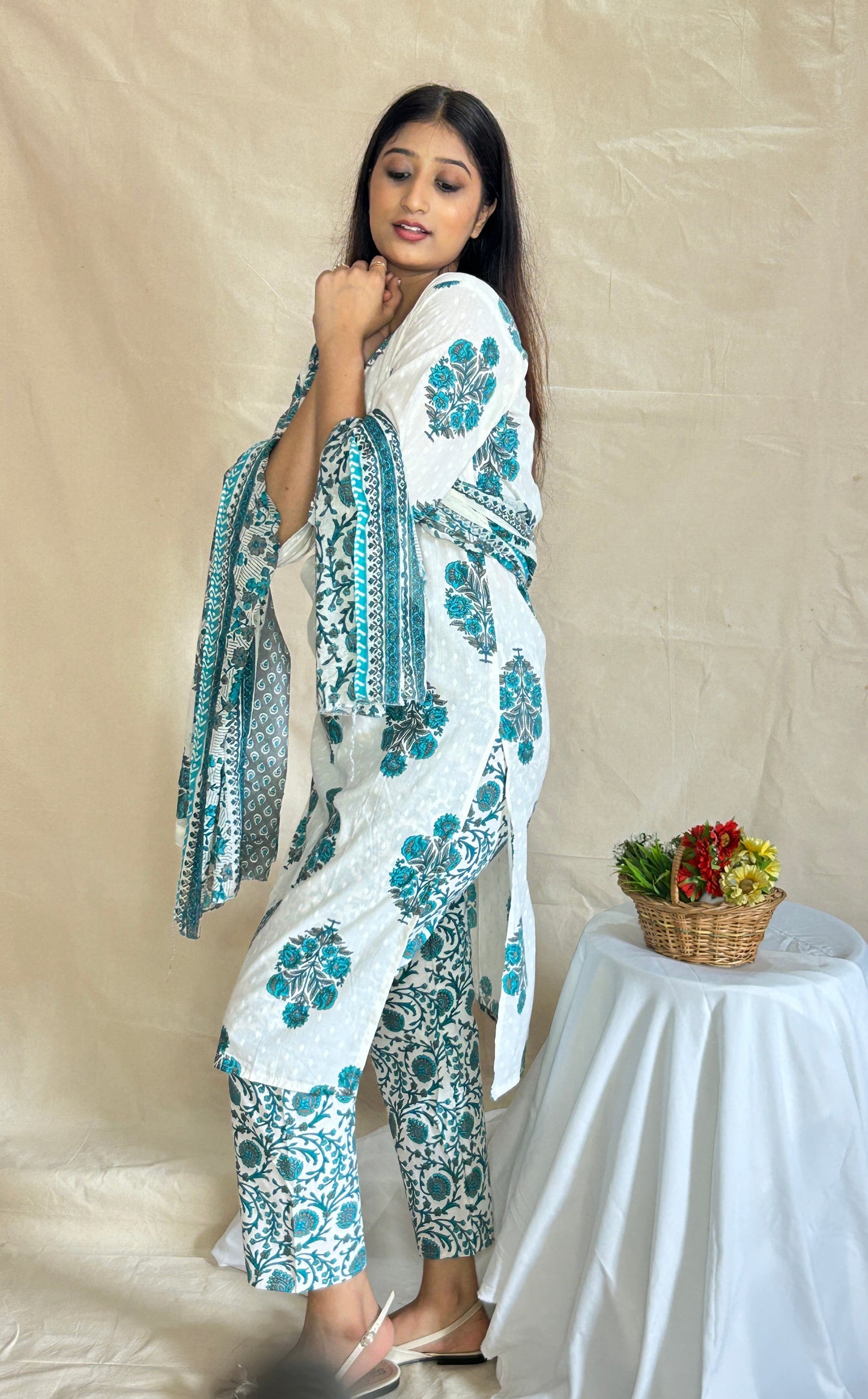 Handblock Printed Cotton Kurta Set with Pant and Dupatta – Breathable 3-Piece Daily Wear by APSSARA