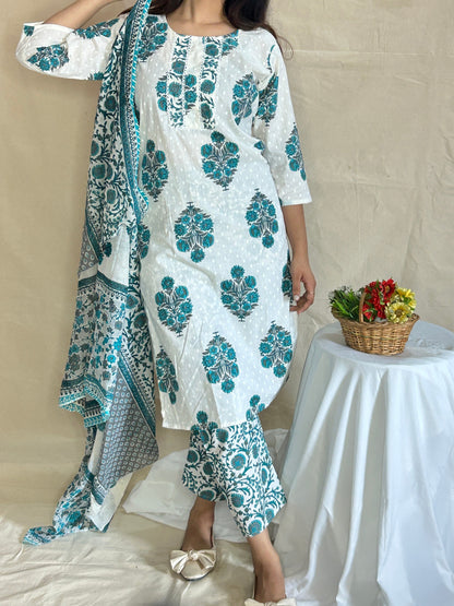 Handblock Printed Cotton Kurta Set with Pant and Dupatta – Breathable 3-Piece Daily Wear by APSSARA