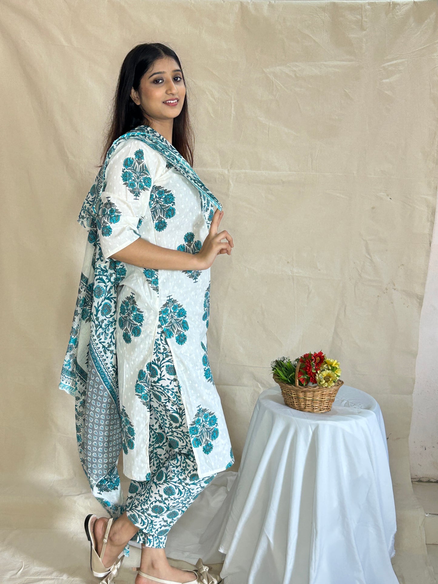 Handblock Printed Cotton Kurta Set with Pant and Dupatta – Breathable 3-Piece Daily Wear by APSSARA