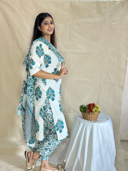 Handblock Printed Cotton Kurta Set with Pant and Dupatta – Breathable 3-Piece Daily Wear by APSSARA