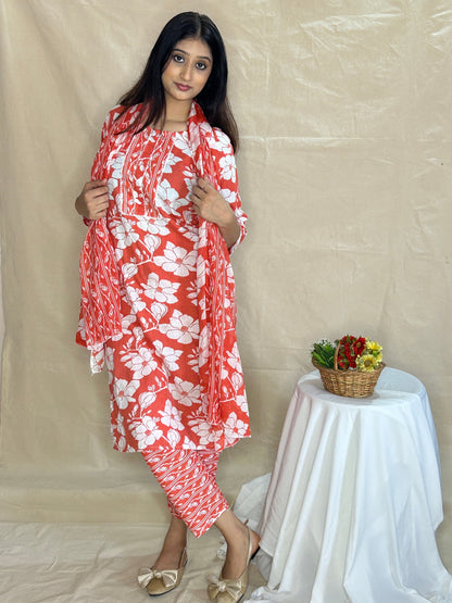 Orange Floral Cotton Kurta Set with Printed Pant & Dupatta – Summer 3-Piece Ethnic Set by APSSARA