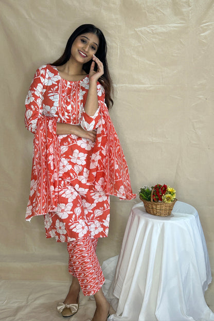 Orange Floral Cotton Kurta Set with Printed Pant & Dupatta – Summer 3-Piece Ethnic Set by APSSARA