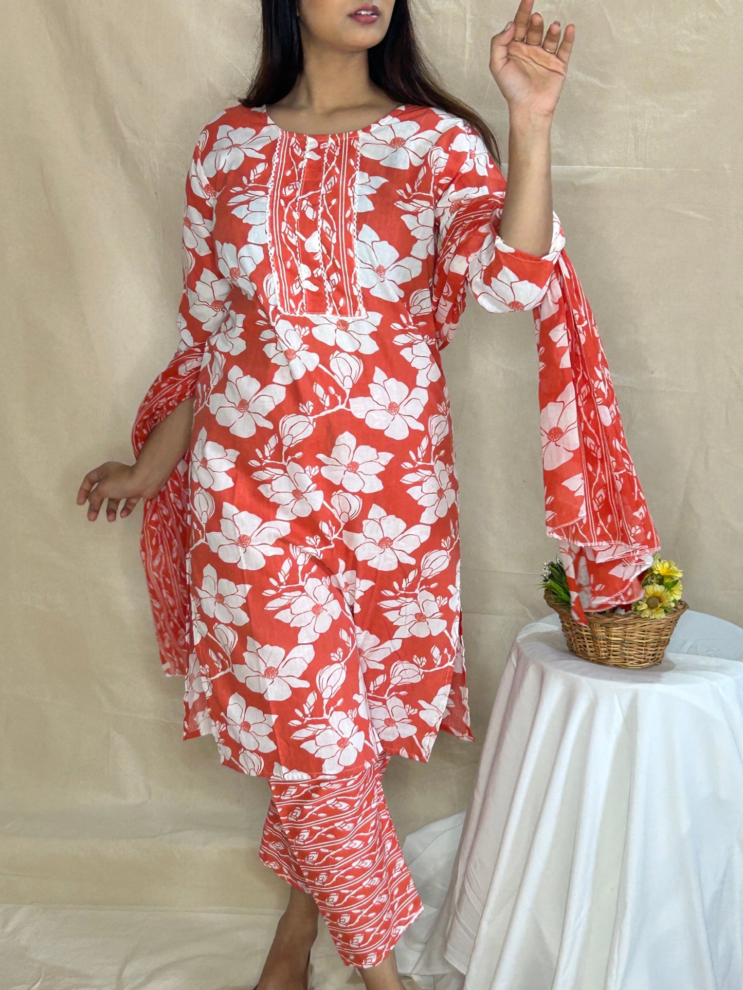 Orange Floral Cotton Kurta Set with Printed Pant & Dupatta – Summer 3-Piece Ethnic Set by APSSARA