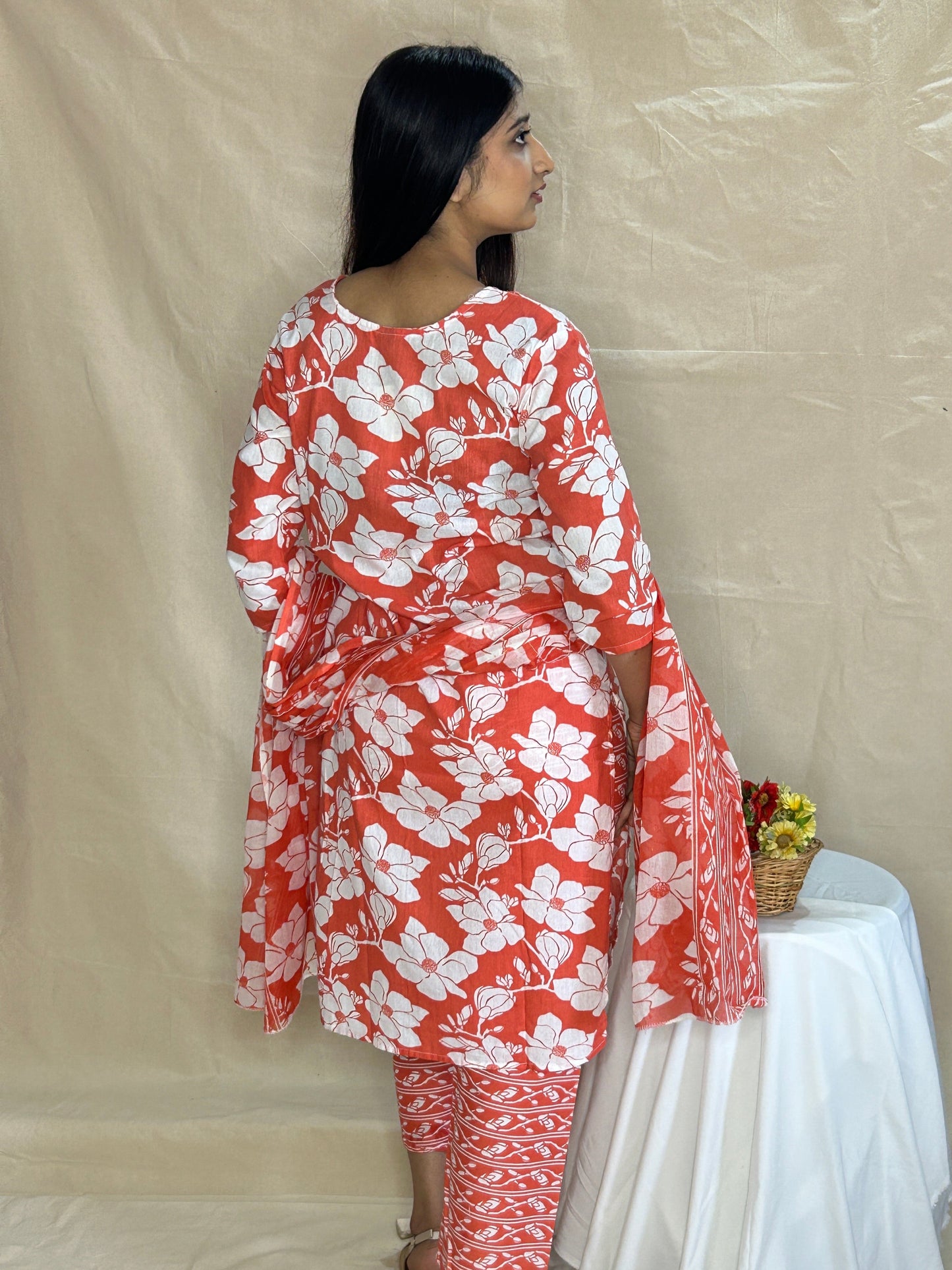 Orange Floral Cotton Kurta Set with Printed Pant & Dupatta – Summer 3-Piece Ethnic Set by APSSARA