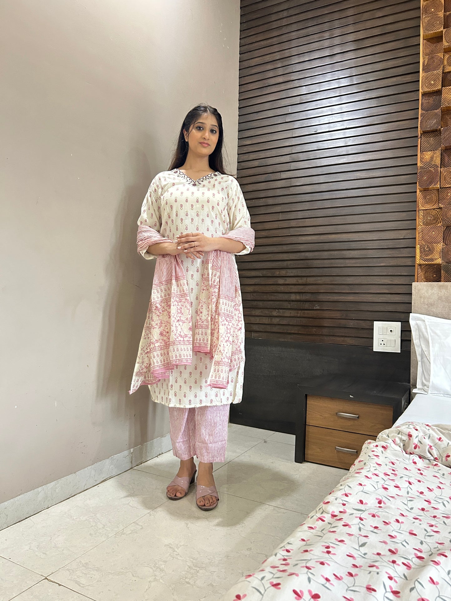 White & Pink Cotton Kurta Set with Printed Dupatta – Light & Elegant Daily Wear