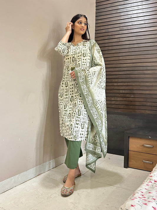 Elegant Green & White Handblock Cotton 3-Piece Suit Set – Comfortable Daily Ethnic Wear