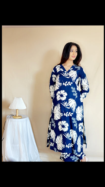 Navy Blue Floral Co-ord Set for Women – Stylish Printed Cotton Two-Piece Lounge & Casual Wear by APSSARA