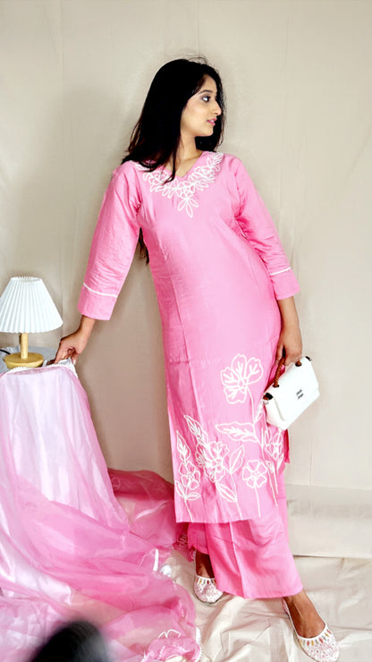 Pink Silk Kurta Set for Women with Organza Dupatta | 3 Piece Ethnic Suit for Festive & Party Wear