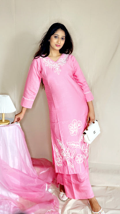 Pink Silk Kurta Set for Women with Organza Dupatta | 3 Piece Ethnic Suit for Festive & Party Wear