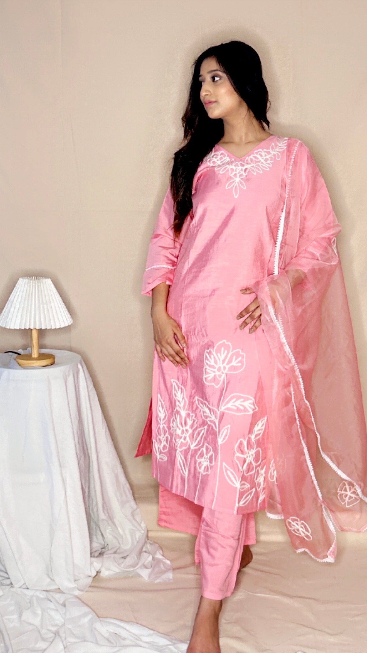 Pink Silk Kurta Set for Women with Organza Dupatta | 3 Piece Ethnic Suit for Festive & Party Wear
