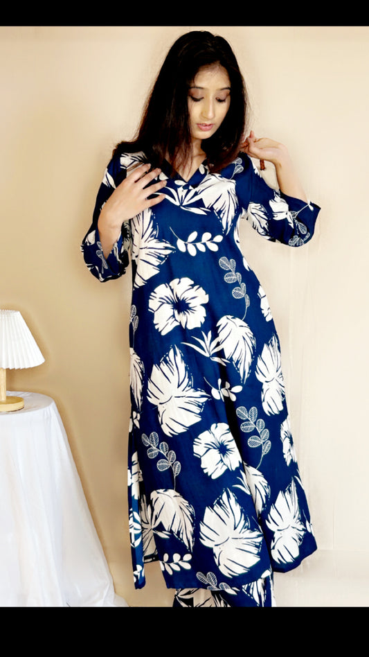 Navy Blue Floral Co-ord Set for Women – Stylish Printed Cotton Two-Piece Lounge & Casual Wear by APSSARA