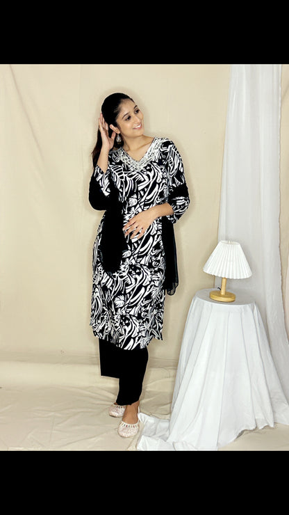 Black V-Neck Printed Kurta Set with Georgette Dupatta – Elegant 3-Piece Suit for Women by APSSARA