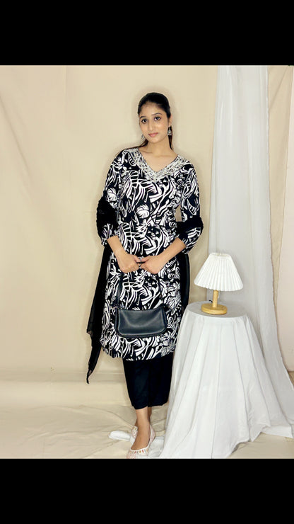 Black V-Neck Printed Kurta Set with Georgette Dupatta – Elegant 3-Piece Suit for Women by APSSARA